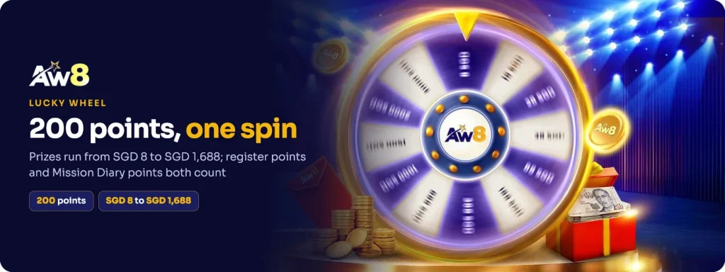 AW8 lucky wheel: 200 points buy one spin, prizes from SGD 8 to SGD 1,688