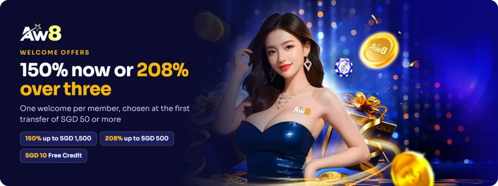 AW8 welcome bonus: 150% up to SGD 1,500 on slots, 208% Welcome up to SGD 500, Free Credit SGD 10